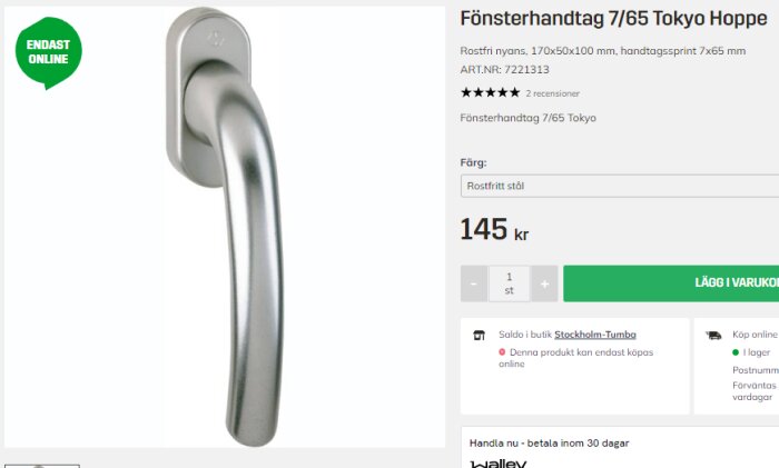 Silverfärgat fönsterhandtag i rostfritt stål, tillgängligt endast online för 145 svenska kronor.