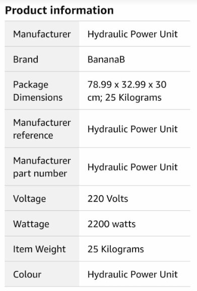 Specifikationstabell för hydraulaggregat: tillverkare, märke BananaB, mått, vikt, spänning, effekt och färg.
