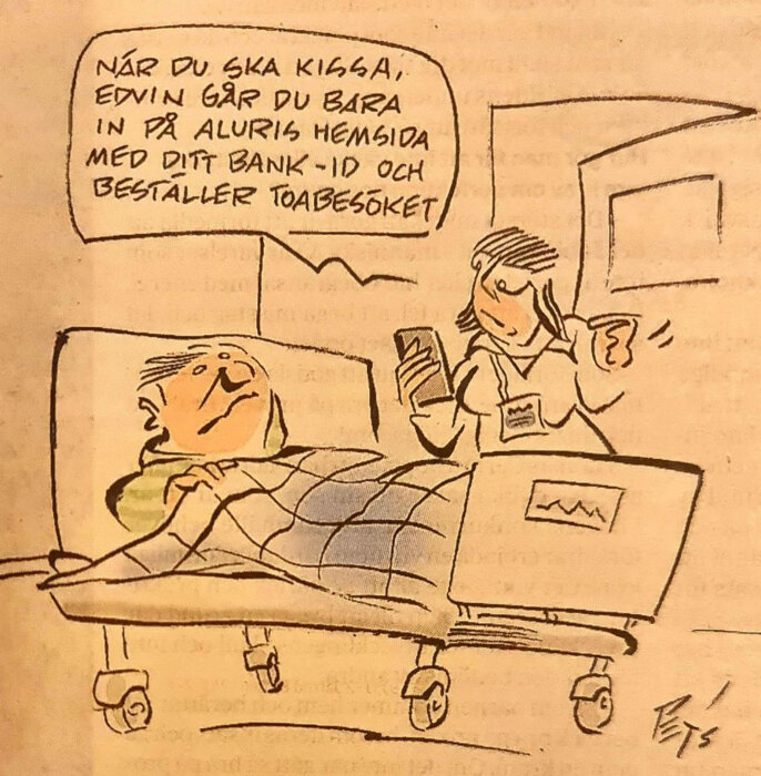 Tecknad bild: sjuksköterska med dator, patient i säng, dialogbubbla om toalettbesök och BankID.