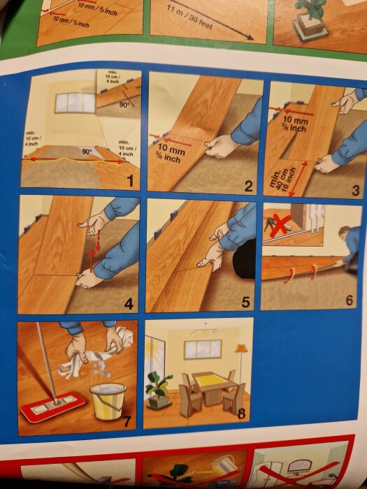 Instruktionsbilder för läggning av golvlister, inkluderar mätning, skärning, rengöring och slutresultatet i ett rum.