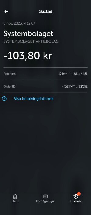 En skärmbild av en betalningsbekräftelse till Systembolaget, avsänd den 6 november 2023 för 103,80 kronor.