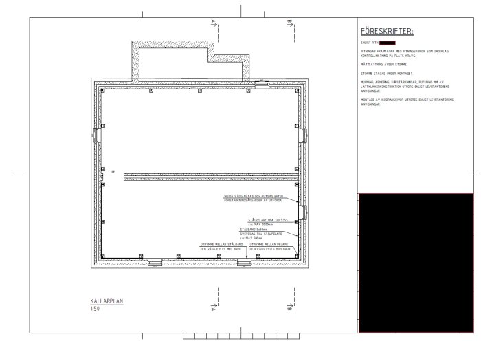 Arkitektonisk ritning av byggnad, snitt av källarplan, skala 1:50, föreskrifter och mått specificerade.