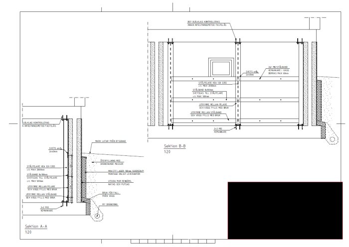 Byggnadsteknisk ritning med sektion A-A och B-B, detaljer och måttangivelser, svartvit.