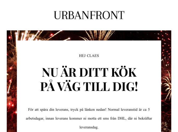 Reklammejl med text "Ditt kök på väg", fyrverkeribakgrund, instruktioner för leveransspårning och väntetid.