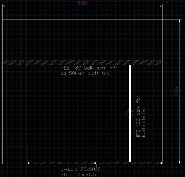 Svartvitt tekniskt ritningsutkast av byggnadselement med dimensioner och materialbeskrivningar, format som en CAD-bild.