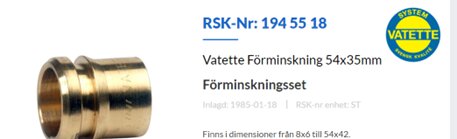 Bild på mässingsfärgad Vatette rörkoppling, förminskning 54x35mm, med text och artikelnummer, på vit bakgrund.