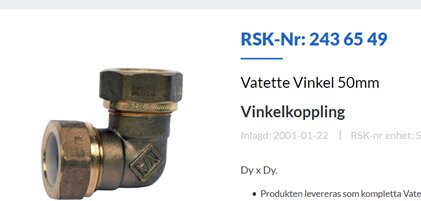 Vinkelkoppling för rörinstallation, 50mm, mässing, med tekniska specifikationer och artikelnummer.