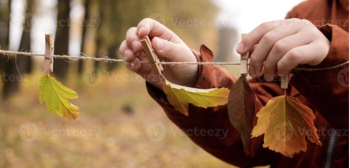 Händer som fäster höstlöv med träklädnypor på ett snöre utomhus.