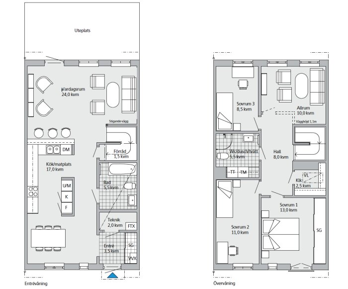 Arkitektonisk ritning av ett tvåvåningshus med dimensioner, rum och kvadratmeter angivna.