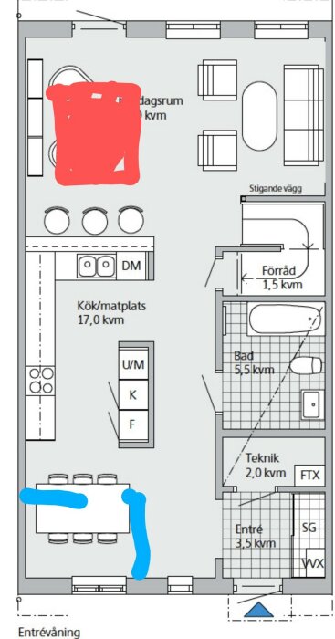 Bilden visar en ritning av ett hus med överklottrade delar.