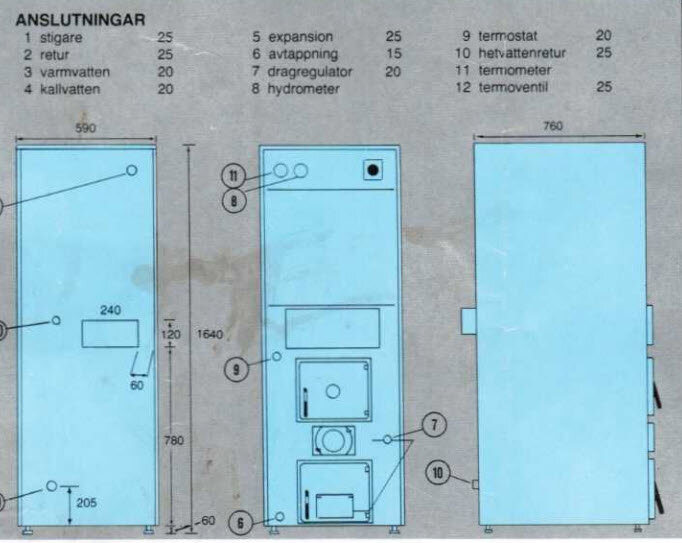 Diagram över värmesystem, anslutningar och komponenter med måttangivelser och numrerad lista.