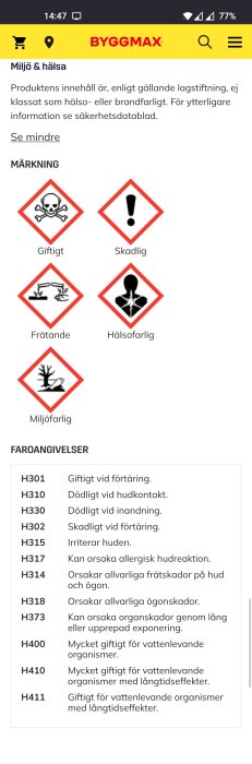 Skärmdump från Byggmax-app: varningsikoner, farokoder, hälso-, miljörisksinformation för olika ämnen.