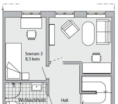 Ritning av en lägenhet med tre sovrum, badrum, och hall, möblerad, modern design.