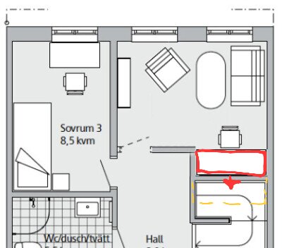 Planritning av en bostad med markerat sovrum och badrum, inklusive möbler och måttangivelser.