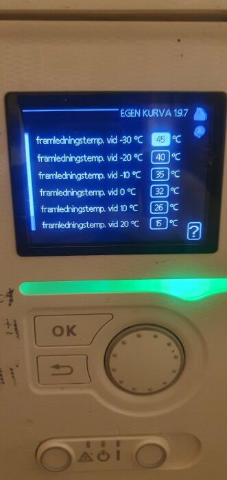 Digital termostatpanel med temperaturinställningar för olika utomhustemperaturer, grön lysdiod och knappar.