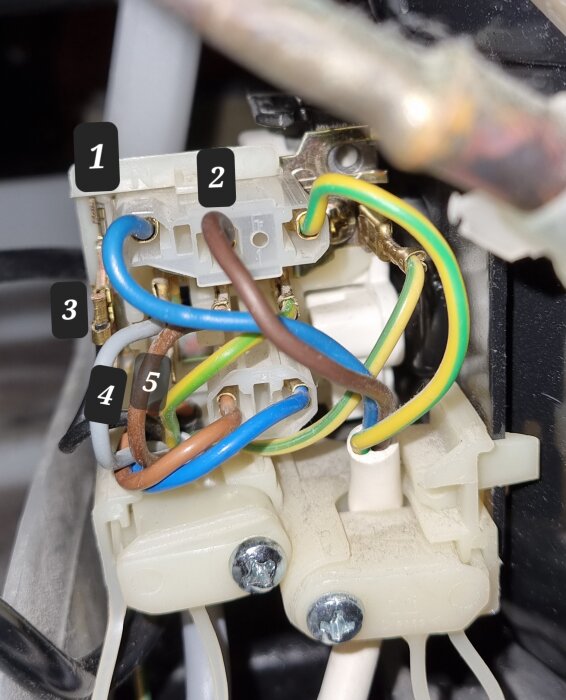 Elektrisk plugg ansluten, kablar, numrerade etiketter, kopplingsdetalj, säkerhetskontroll eller installation.