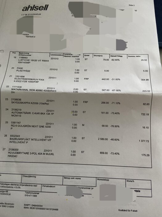 Faktura med artikellista, rabatter, priser, företagsinformation, delvis sensurerad för integritetsskydd.