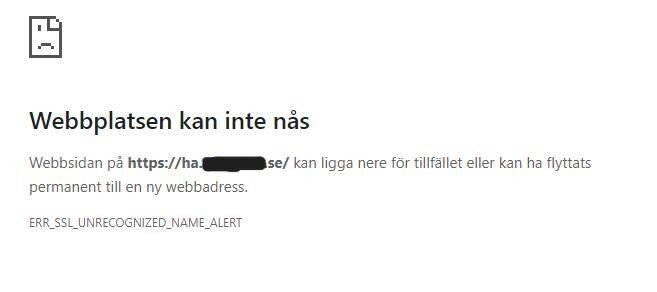 Webbläsarfönster visar felmeddelande om ouppnåelig webbplats med SSL-varning på svenska.