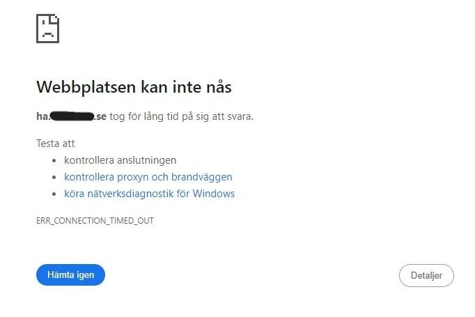 Webbläsarfönster visar felmeddelande om tidsöverskridning för anslutning, med råd för felsökning.