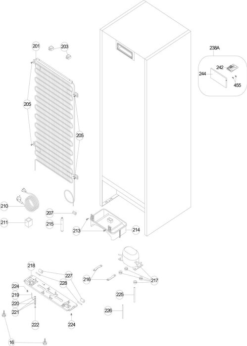Explosionsritning av kylskåp som visar delarna isärdragna för enklare identifiering och montering.
