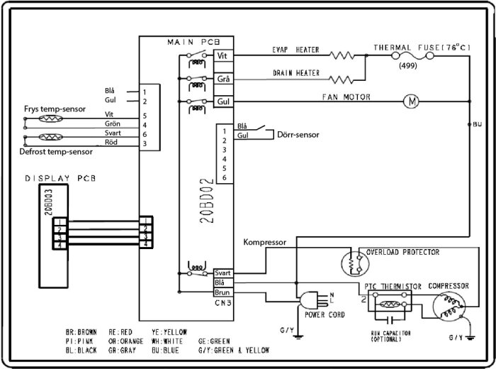 Elkopplingsschema för kylskåp med sensorer, display, kompressor och fläktmotor. Innehåller färgkoder och komponentikoner.
