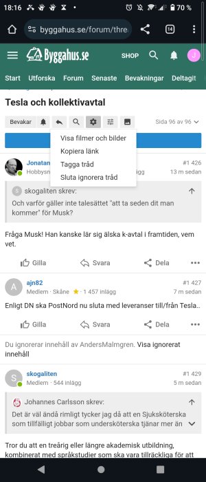 Skärmdump från mobilwebbläsare visar forumdiskussion om Tesla och arbetsrätt på Byggahus.se.