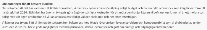 Text på svenska, om företagsutmaningar, strategier, och positiv framtidstro trots ekonomiska svårigheter.