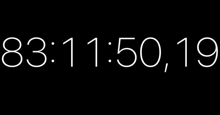 Digital tidräknare visar 83 timmar, 11 minuter, 50 sekunder, 19 hundradelar mot svart bakgrund.
