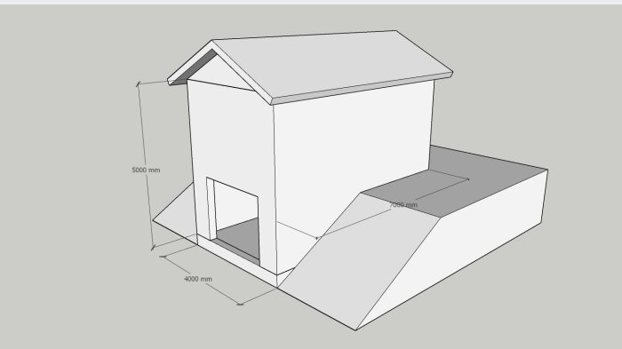 Enkel 3D-modell av ett hus med måttangivelser, skapt i ett CAD-program.