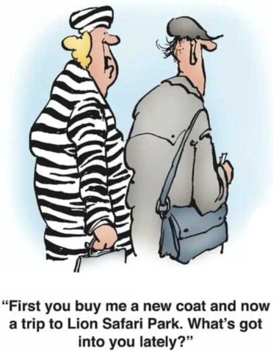 Tecknad bild. Två män står, en klädd i fångstuniform, den andra säger humoristisk text om att få gåvor.