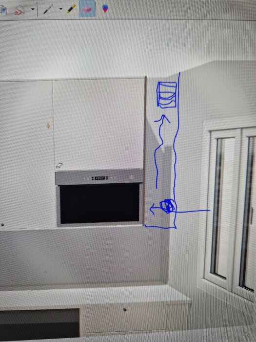 En teckning över en bild på ett kök, visar hur en fläkt kan installeras över en mikrovågsugn.