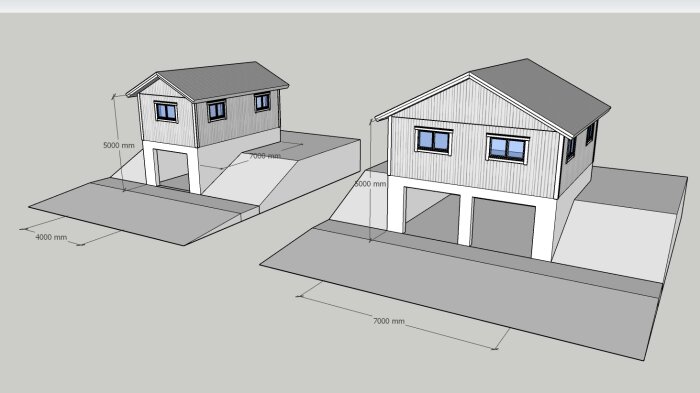 3D-ritning av två hus med måttangivelser, gråskala, arkitektonisk design, enkel visuell presentation.
