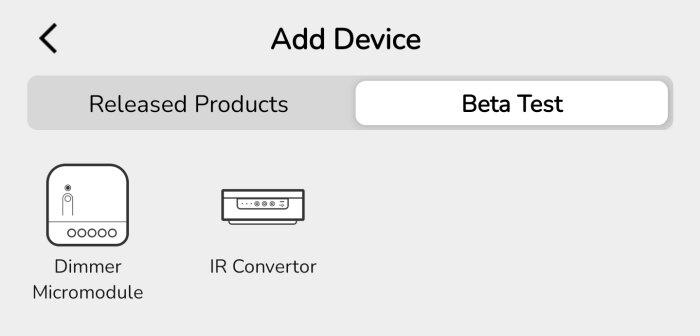 Skärm för att lägga till enheter, dimmer och IR-omvandlare, released och beta-testmenyer.