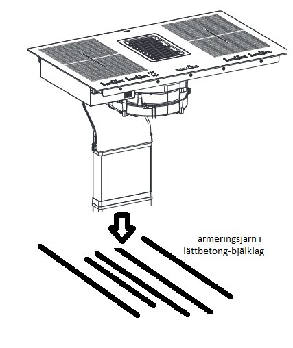 Teknisk ritning av en platta med solpaneler ovanpå, med detaljbild av armeringsjärn i lättbetongbjälklag nedanför.