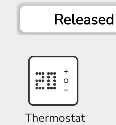 En ikon för en termostat som visar 20 grader Celsius med plus- och minusknappar, undertexten "Thermostat", bakgrund vit.