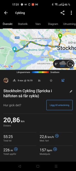 Skärmdump av träningsapp, cykling i Stockholm, sträcka 20,86 km, tid 55:25, medelhastighet 22,6 km/h.