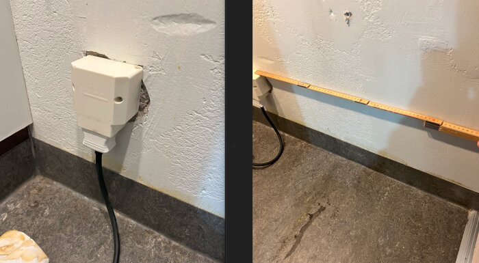 Eluttag på vägg, ansluten kabel, måttstock ligger längs väggkant, reparationer eller sprickor syns.