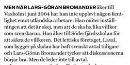 Bild på text: Artikel nämner Lars-Göran Bromander, utländska arbetare, arbetsvillkor, lettiskt företag, Laval, utan konkret utfall.