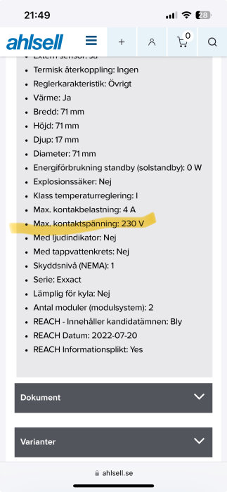 Skärmavbild av en produktspecifikation på en webbsida, med tekniska detaljer och dimensioner listade.