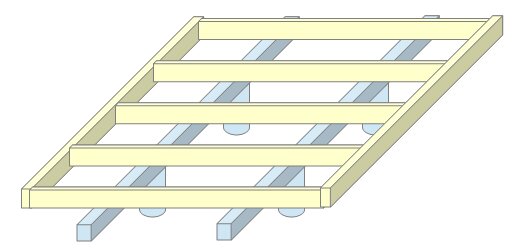 En illustration av en träramkonstruktion, möjligtvis för en byggnadsdel eller en möbel.