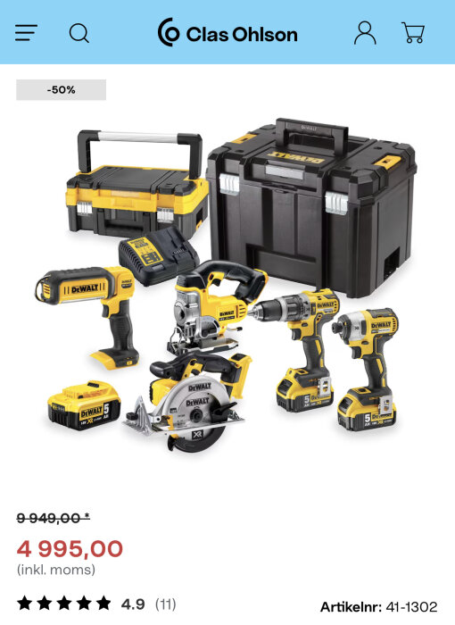 Rea på DeWalt elverktyg, inkluderar borr, såg, förvaringslådor, 50% rabatt, Clas Ohlson webbsida.