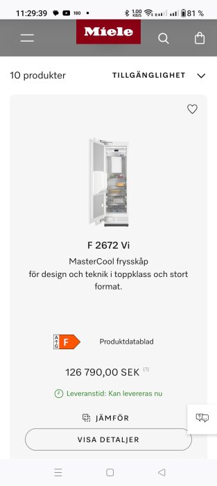 Miele webbsida som visar en öppen frys, modell 'F 2672 Vi', med hög pris och energimärkning 'F'.