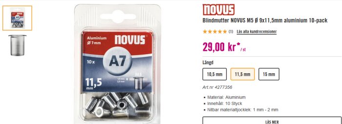 Förpackning med NOVUS blindnitar, aluminium, 10-pack, 11,5 mm storlek, prissatt till 29 kronor.