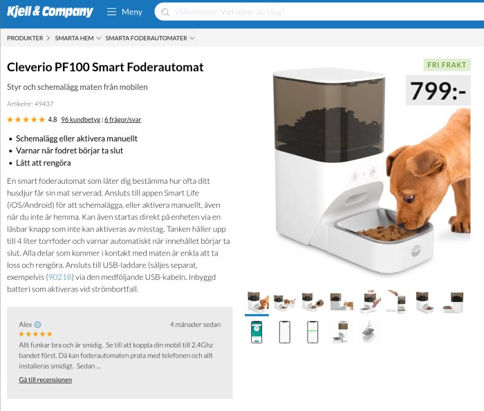Smart foderautomat för husdjur, hund äter, produktsida med pris och recensioner, appstyrning.