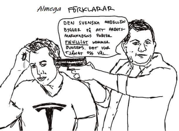 Tecknad bild, två män, en kammar den andres hår, text om svenska modellen, arbetsmarknad. (Karikatyr, satiriskt budskap.)