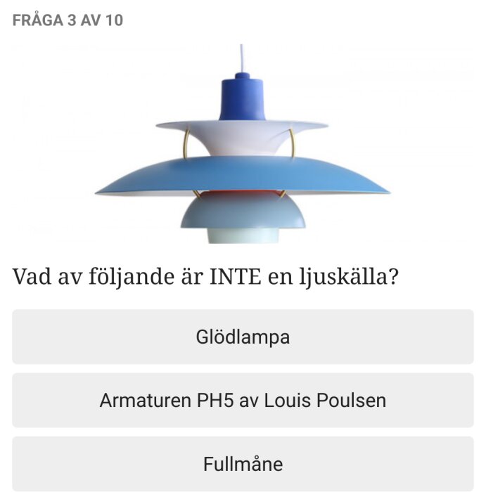 Designad taklampa, flerskiktskonstruktion, blå och vit, med text och alternativ på svenska.