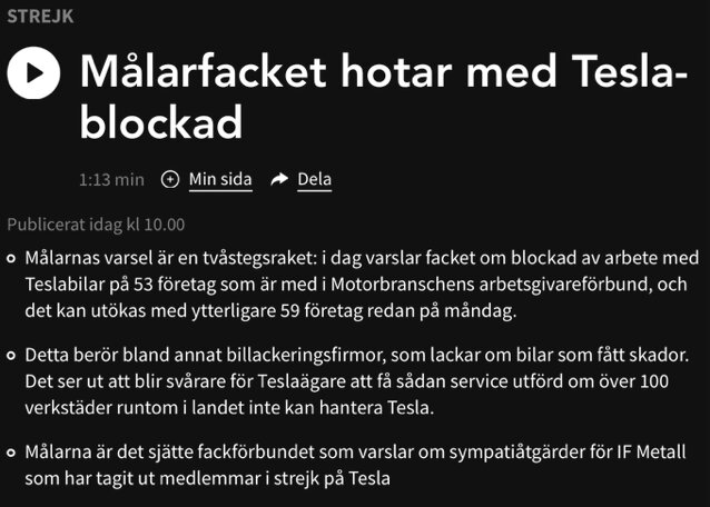 Nyhetstext om Målarfackets hot om blockad mot Tesla, inkluderar strejk och arbetskonflikter inom bilindustrin.