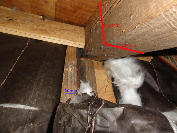 Attic view showing wooden beams with measurements; insulation visible with labeled dimensions 50mm, 100mm, and 120mm; context of assessing wall's load-bearing status.