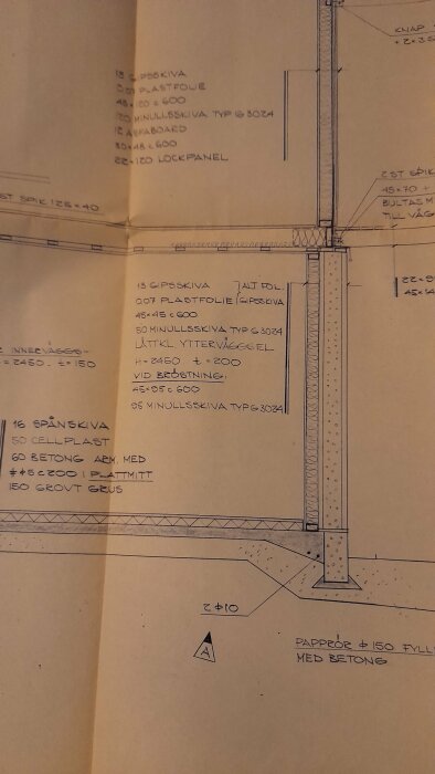 Byggnadsritning som visar snitt av en väggkonstruktion med mått och materialspecifikationer.