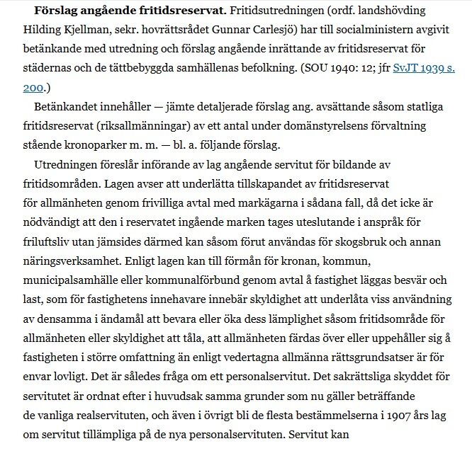 Svensk text om förslag gällande fritidsreservat, utredning och lagförslag för tillgängliga rekreationsområden.